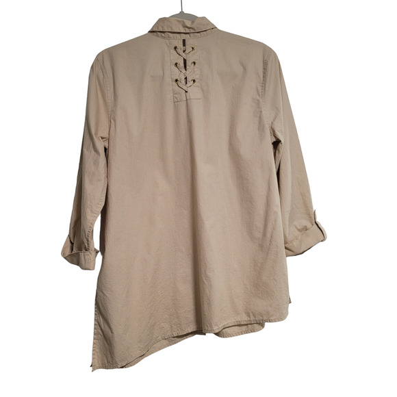 New Directions Tan 3/4 Sleeve Asymmetrical Tunic Collar Button Up Laced Medium - Picture 4 of 6
